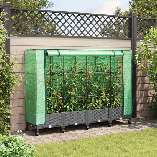 Garden Planter with Greenhouse Cover&Wheels 4 pcs Light Grey PP