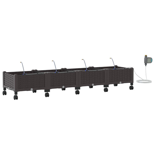 Garden Planter with Irrigation&Wheels 4 pcs Brown PP