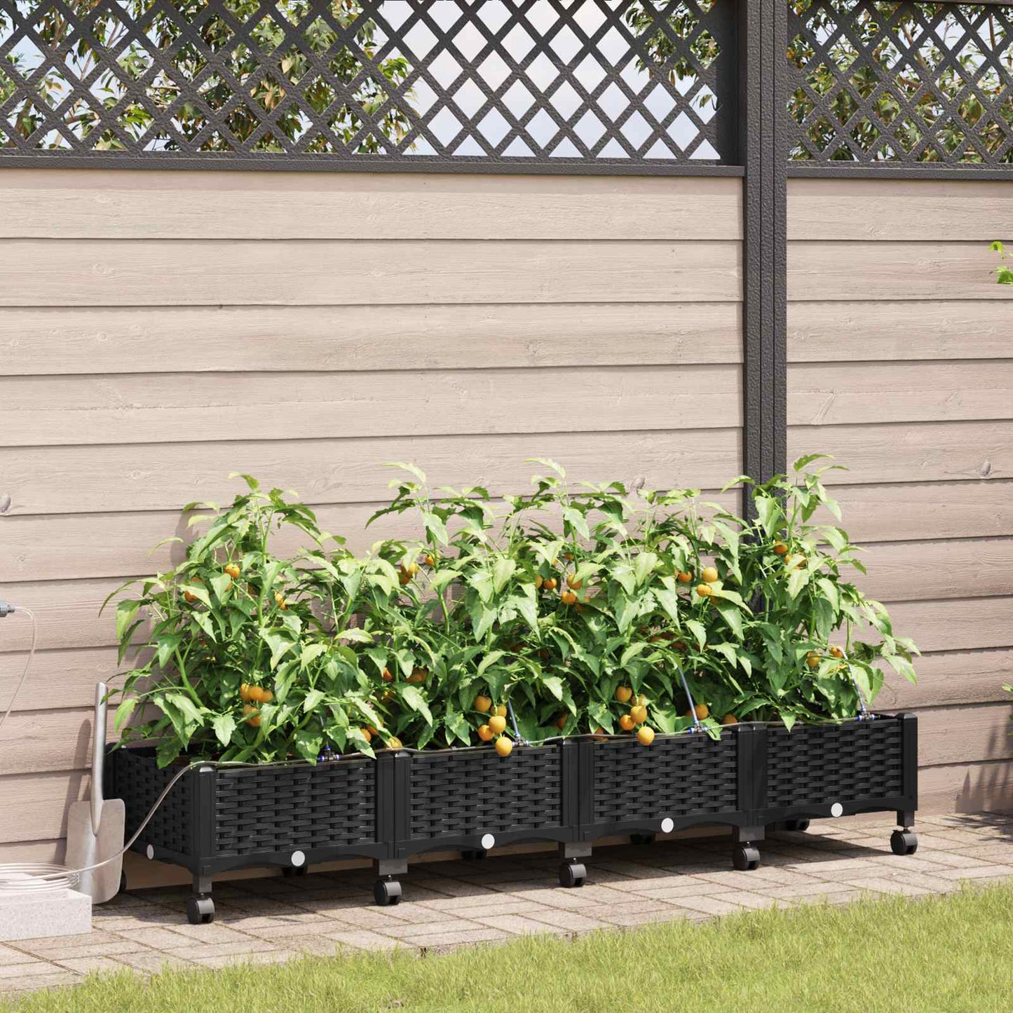 Garden Planter with Irrigation&Wheels 4 pcs Black PP