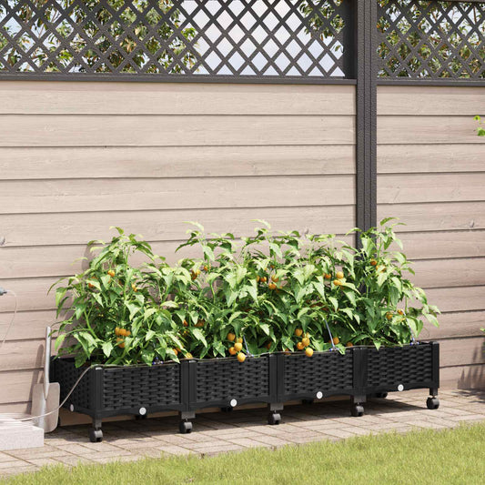 Garden Planter with Irrigation&Wheels 4 pcs Black PP