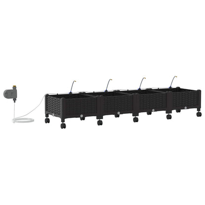 Garden Planter with Irrigation&Wheels 4 pcs Black PP