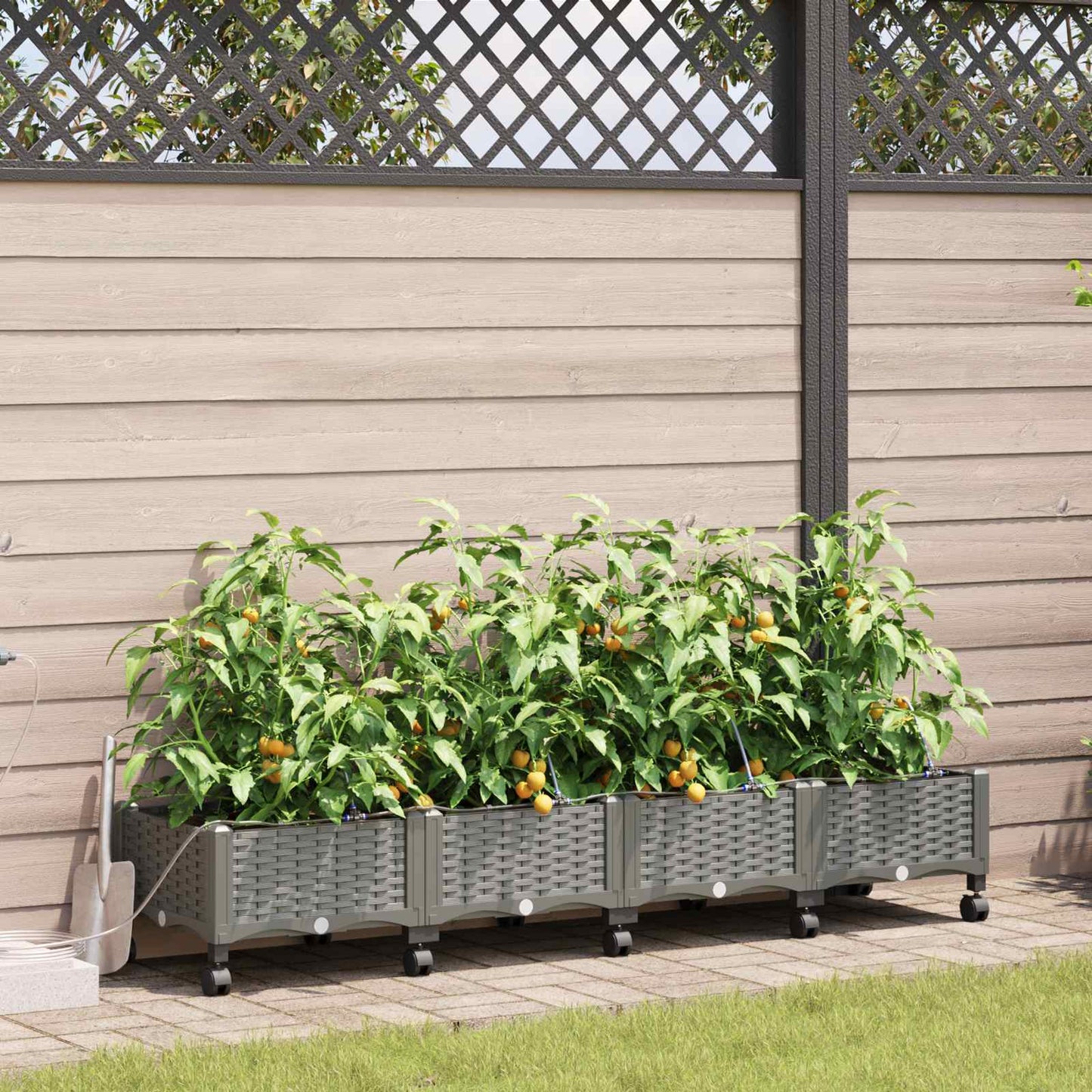 Garden Planter with Irrigation&Wheels 4 pcs Light Grey PP