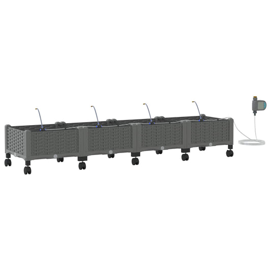 Garden Planter with Irrigation&Wheels 4 pcs Light Grey PP