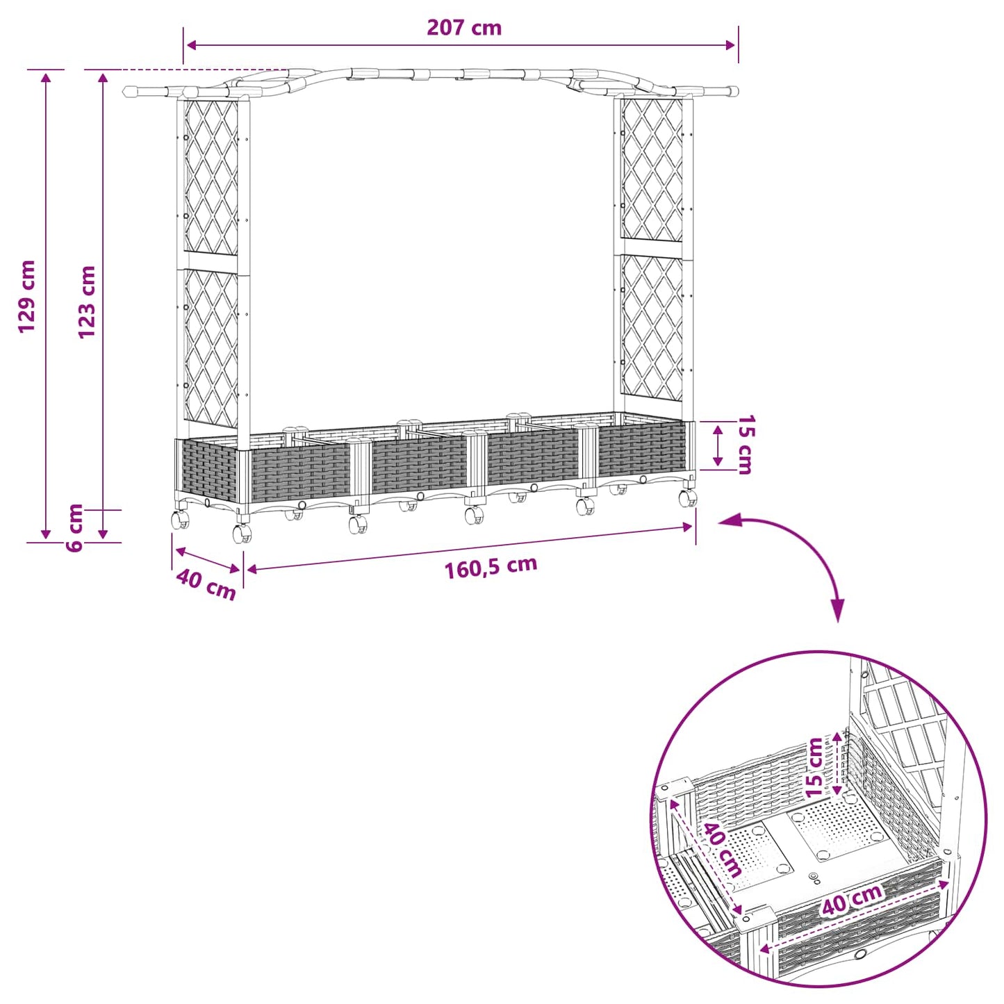 Raised Bed with Trellis and Roof Grey 207 x 40 x 129 cm PP