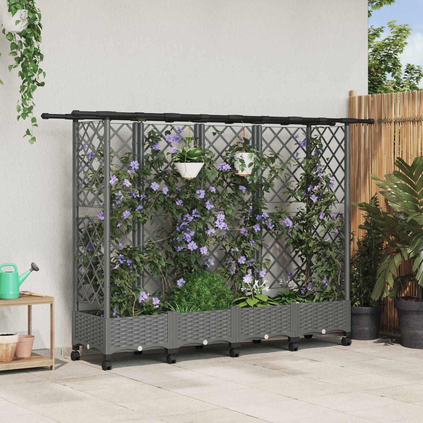 Raised Bed with Trellis and Roof Light Grey 202.5 x 40 x 127 cm