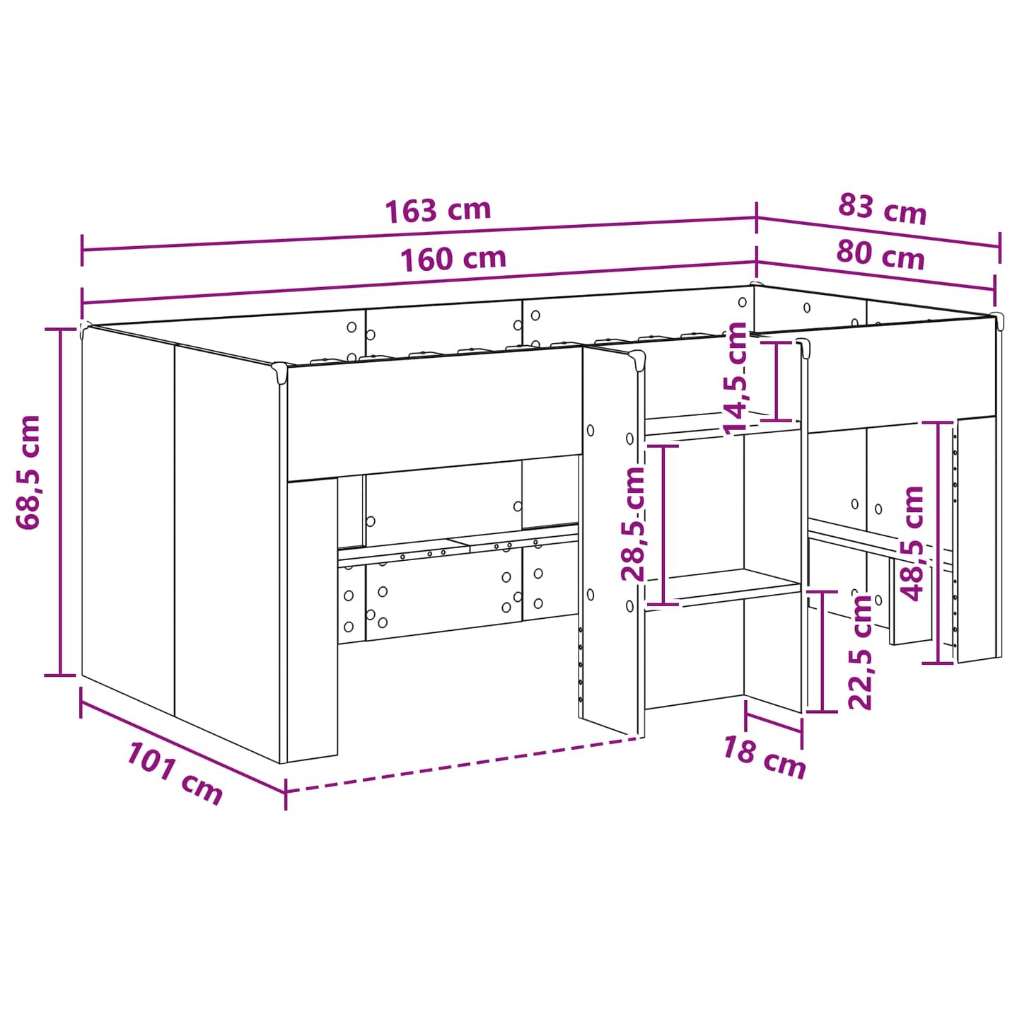 Kids'High Bed Frame Smoked Oak 163 x 101.1 x 68.5 cm