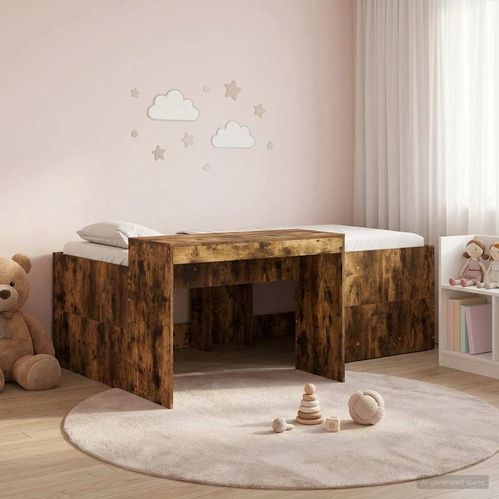 Kids'High Bed Frame with Desk Smoked Oak 80 x 200 cm
