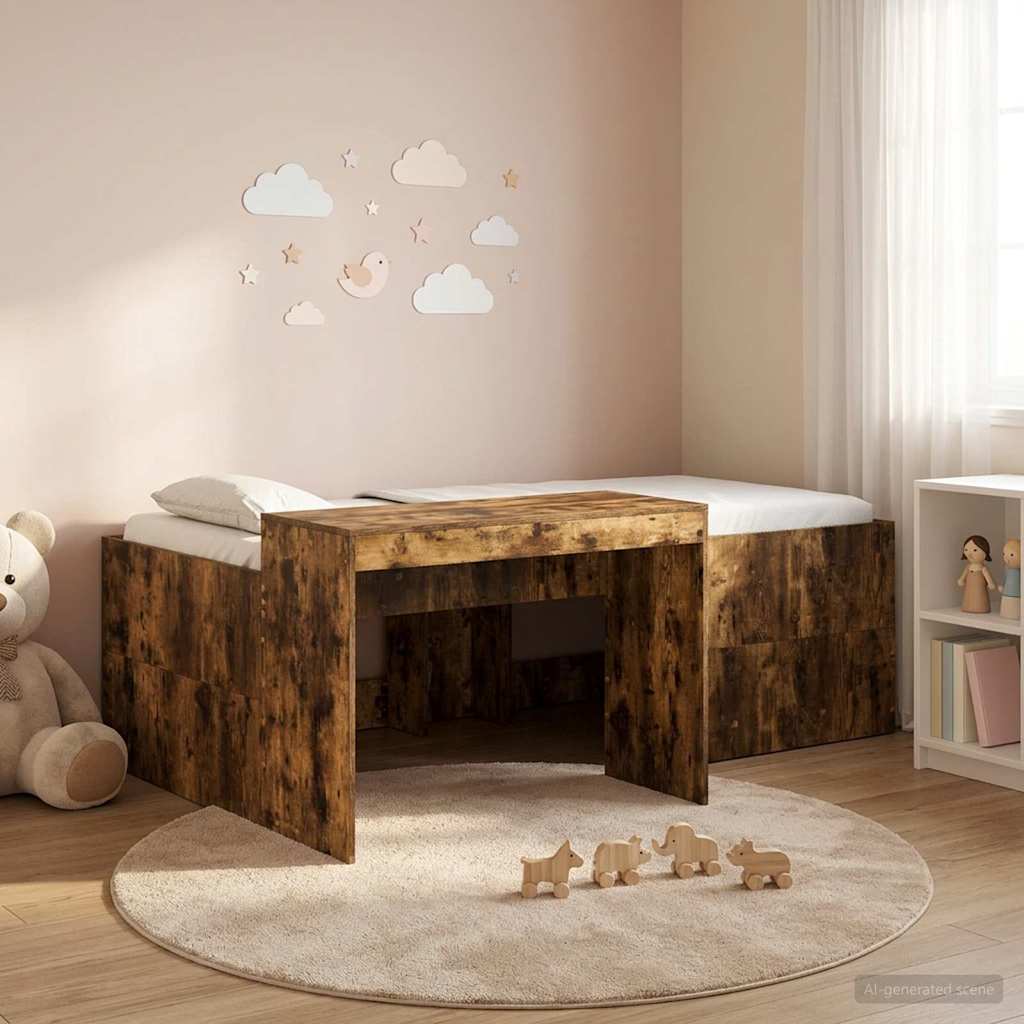 Kids'High Bed Frame with Desk Smoked Oak 98.5 x 200 cm