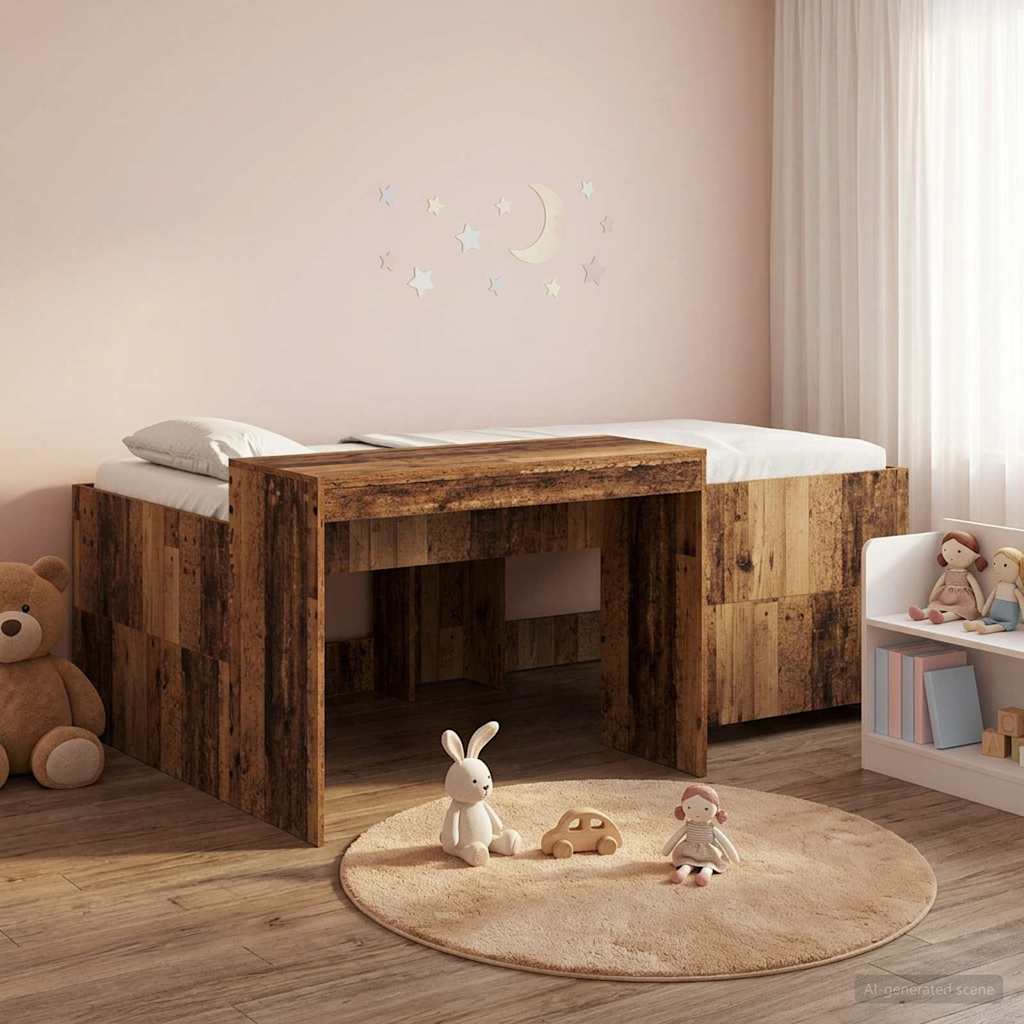 Kids'High Bed Frame with Desk Old Wood Engineered Wood