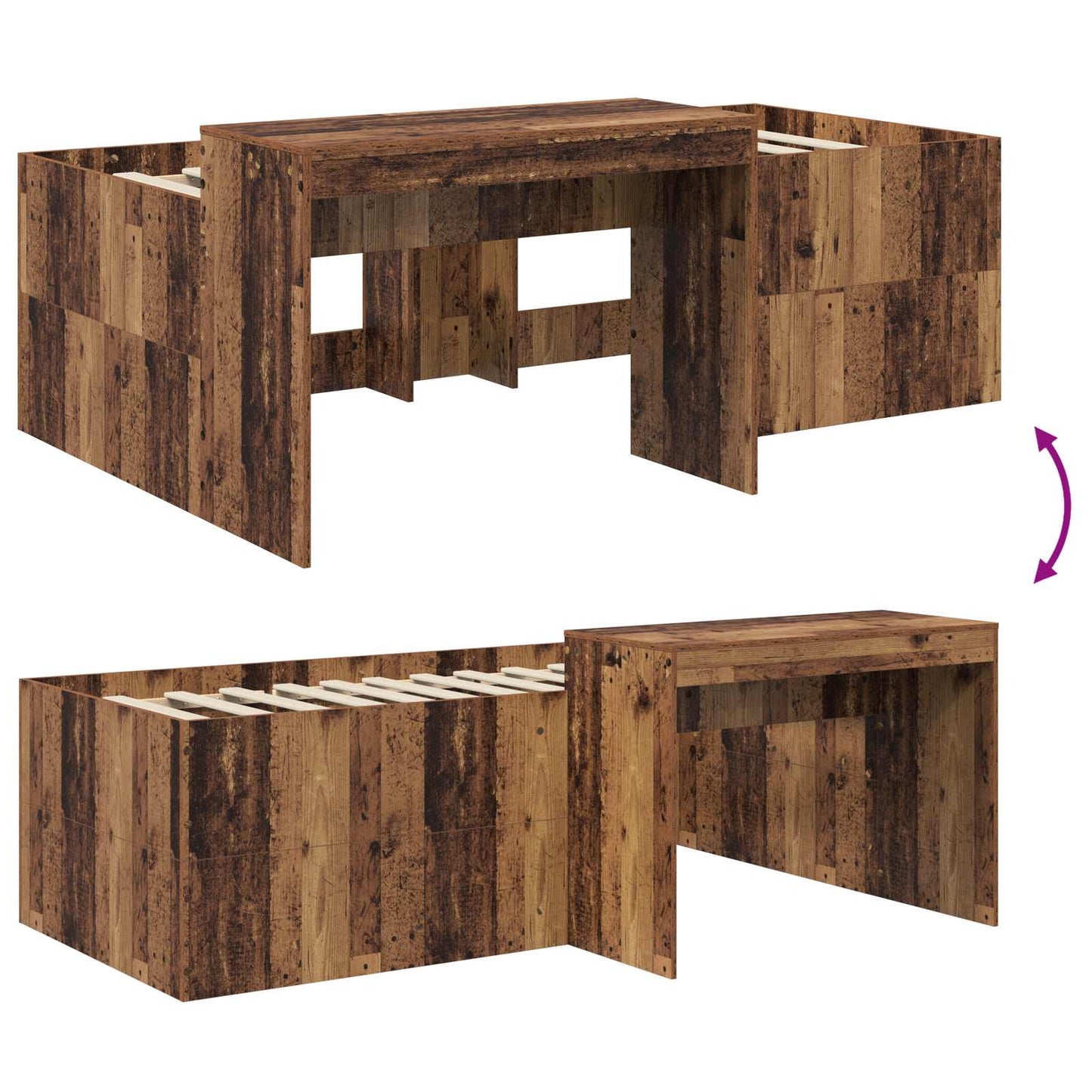 Kids'High Bed Frame with Desk Old wood 75 x 190 cm
