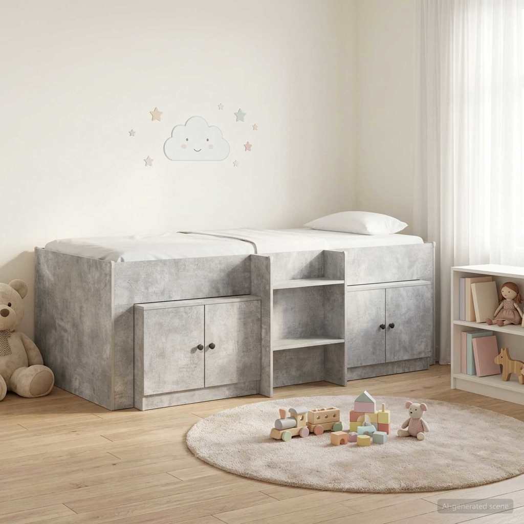 Loft Bed Frame with Cabinet 3 pcs Concrete Grey Engineered Wood