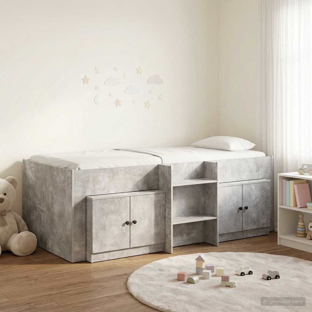 Loft Bed Frame with Cabinet 3 pcs Concrete Grey Engineered Wood