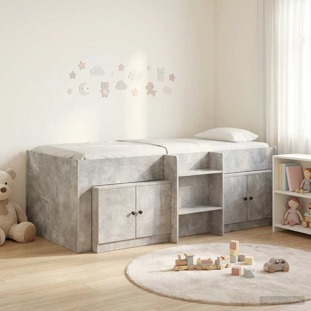 Loft Bed Frame with Cabinet 3 pcs Concrete Grey Engineered Wood