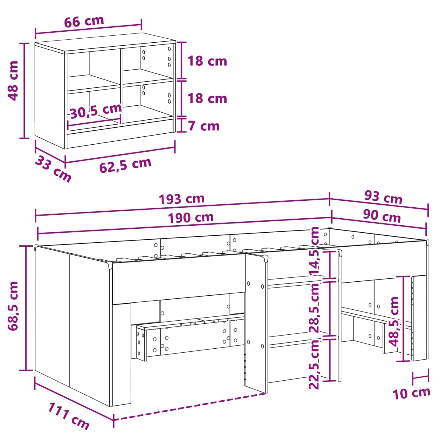 Loft Bed Frame with Cabinet 3 pcs Black Engineered Wood