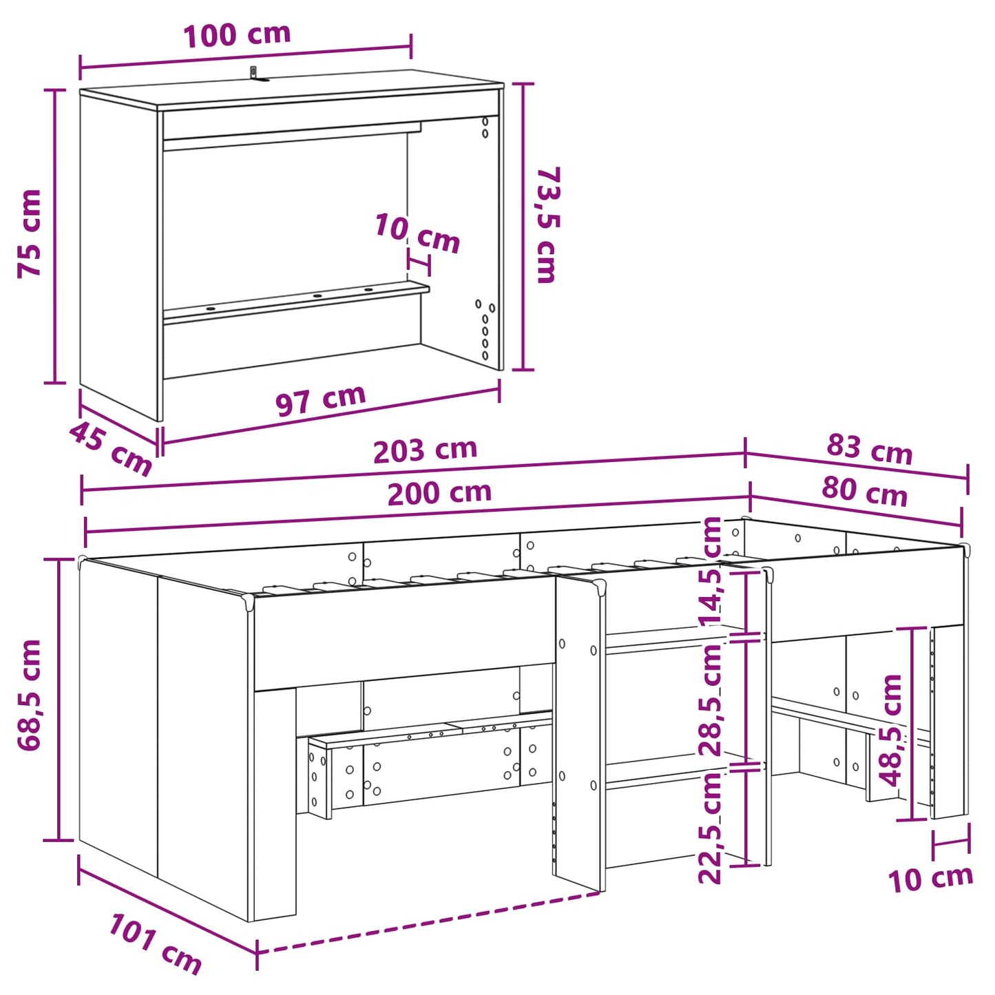 Kids'High Bed Frame with Desk 2 pcs Concrete Grey