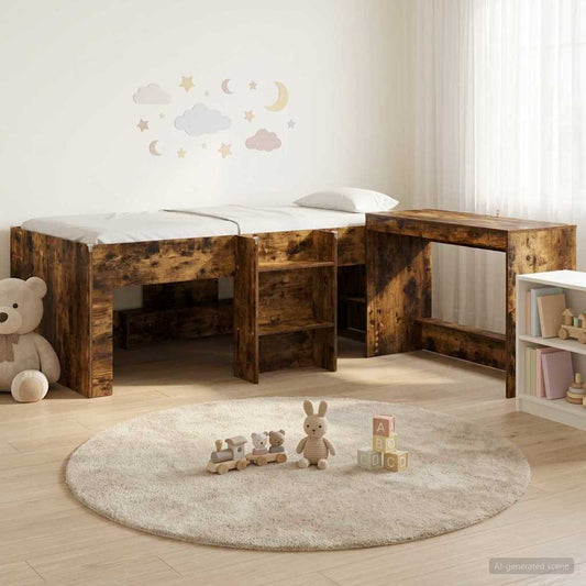 Kids'High Bed Frame with Desk 2 pcs Smoked Oak Engineered Wood