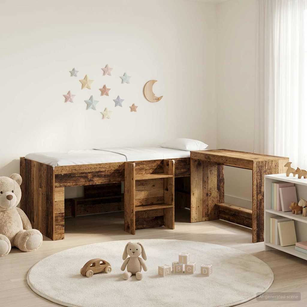 Kids'High Bed Frame with Desk 2 pcs Old wood Engineered Wood