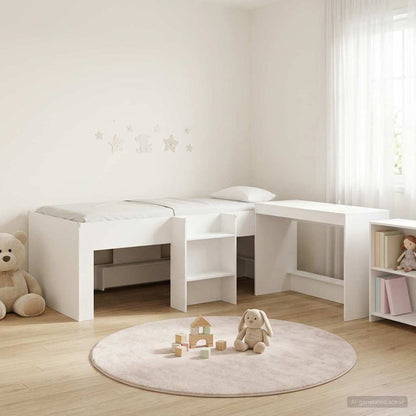 Kids'High Bed Frame with Desk 2 pcs White Engineered Wood