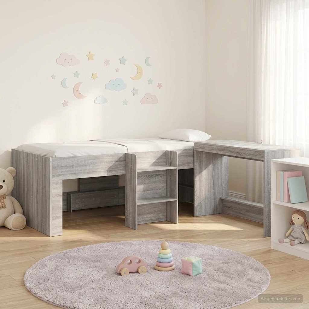 Kids'High Bed Frame with Desk 2 pcs Grey Sonoma