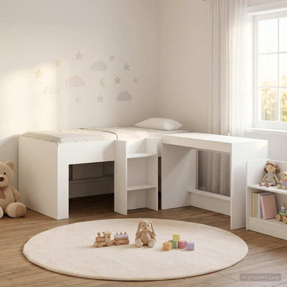 Kids'High Bed Frame with Desk 2 pcs White Engineered Wood