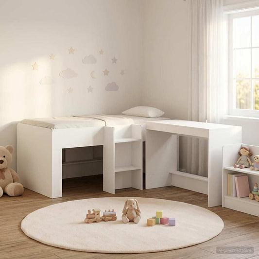 Kids'High Bed Frame with Desk 2 pcs White Engineered Wood
