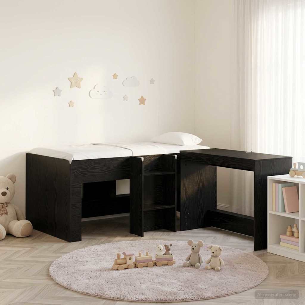 Kids'High Bed Frame with Desk 2 pcs Black Oak Engineered Wood