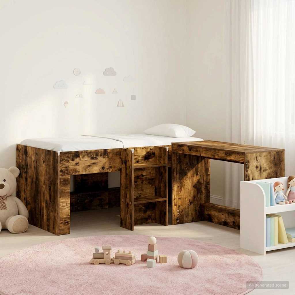 Kids'High Bed Frame with Desk 2 pcs Smoked Oak Engineered Wood