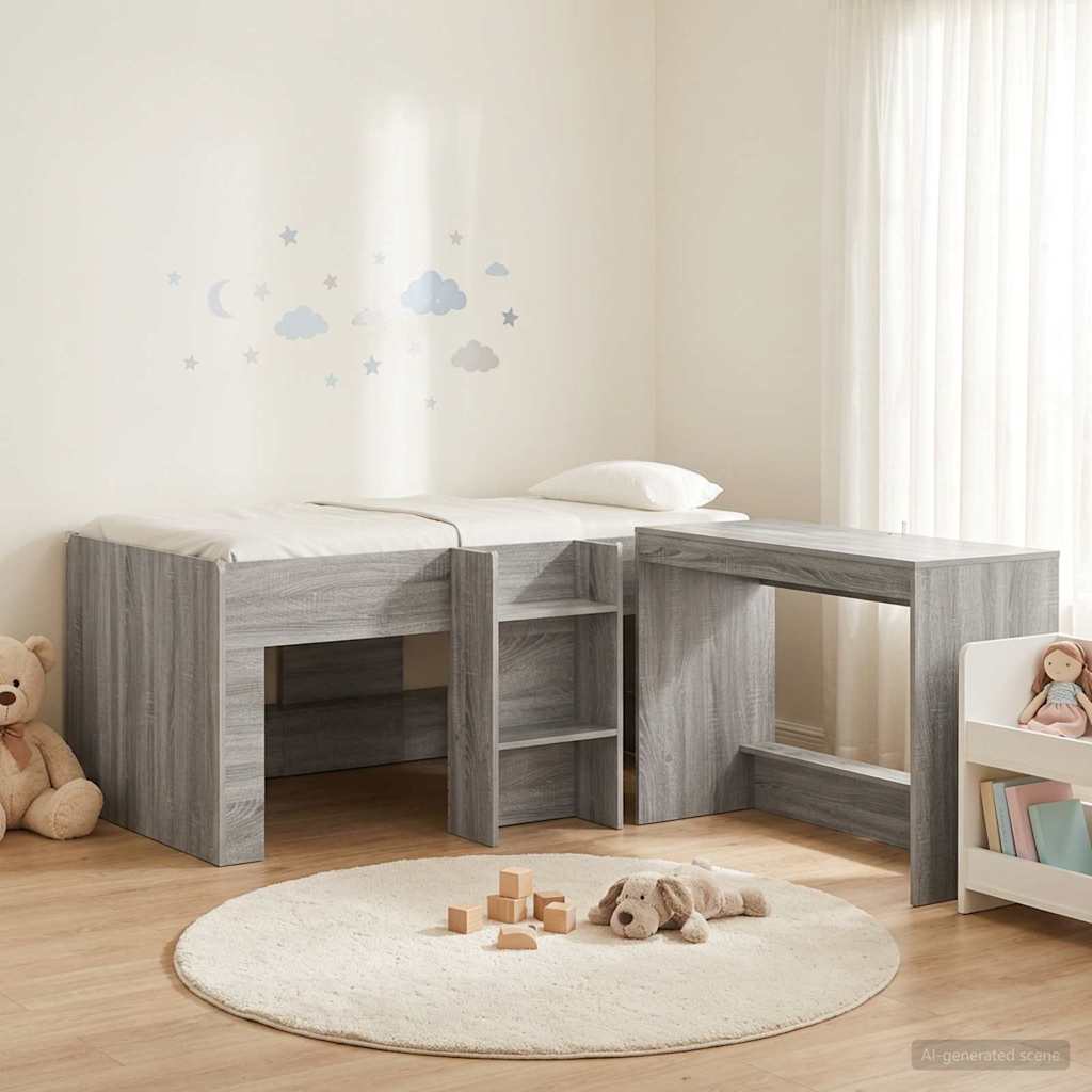 Kids'High Bed Frame with Desk 2 pcs Grey Sonoma