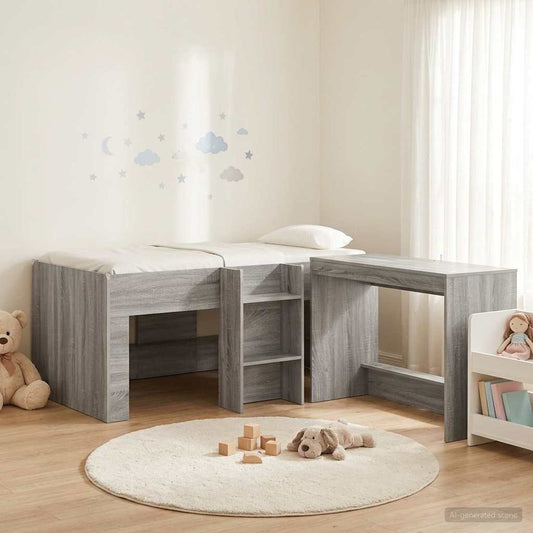 Kids'High Bed Frame with Desk 2 pcs Grey Sonoma