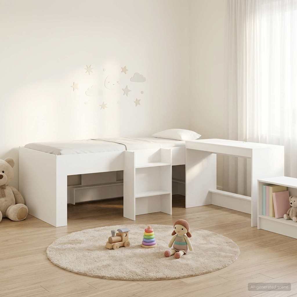 Kids'High Bed Frame with Desk 2 pcs White Engineered Wood