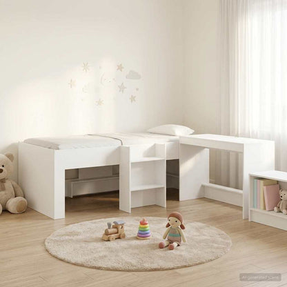 Kids'High Bed Frame with Desk 2 pcs White Engineered Wood