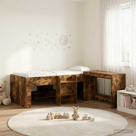 Kids'High Bed Frame with Desk 2 pcs Smoked Oak Engineered Wood