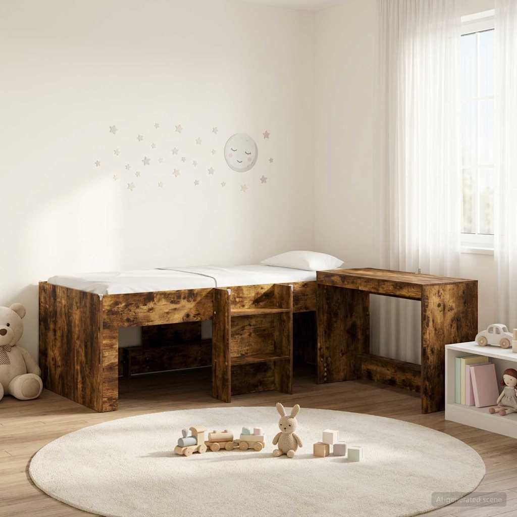 Kids'High Bed Frame with Desk 2 pcs Smoked Oak Engineered Wood