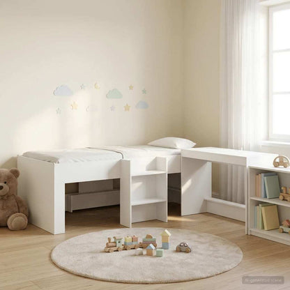 Kids'High Bed Frame with Desk 2 pcs White Engineered Wood