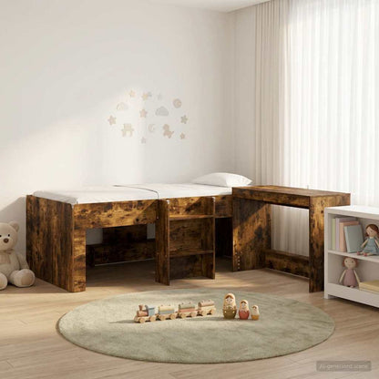 Kids'High Bed Frame with Desk 2 pcs Smoked Oak Engineered Wood