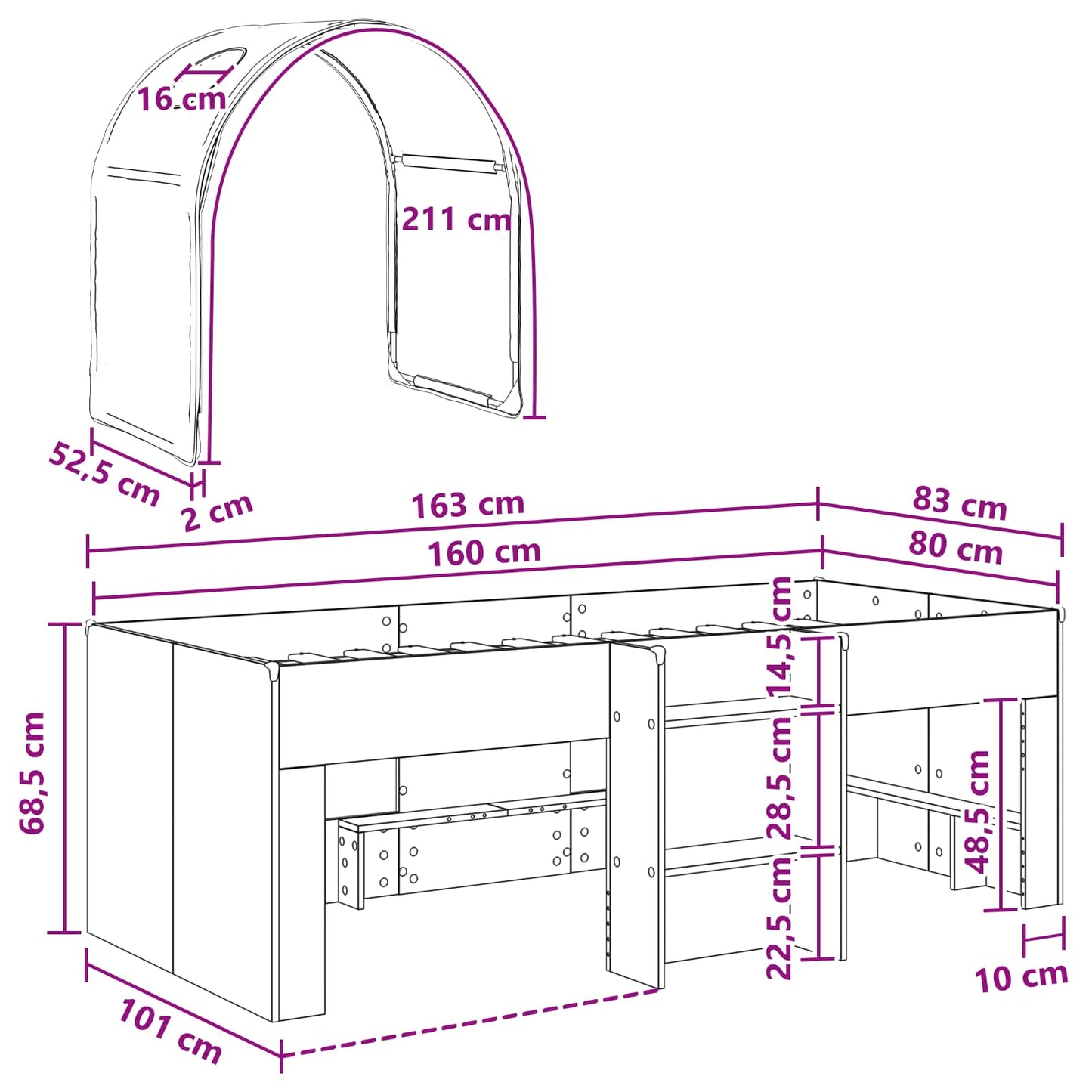 Bed with Tunnel 3 pcs White and Pink Engineered Wood