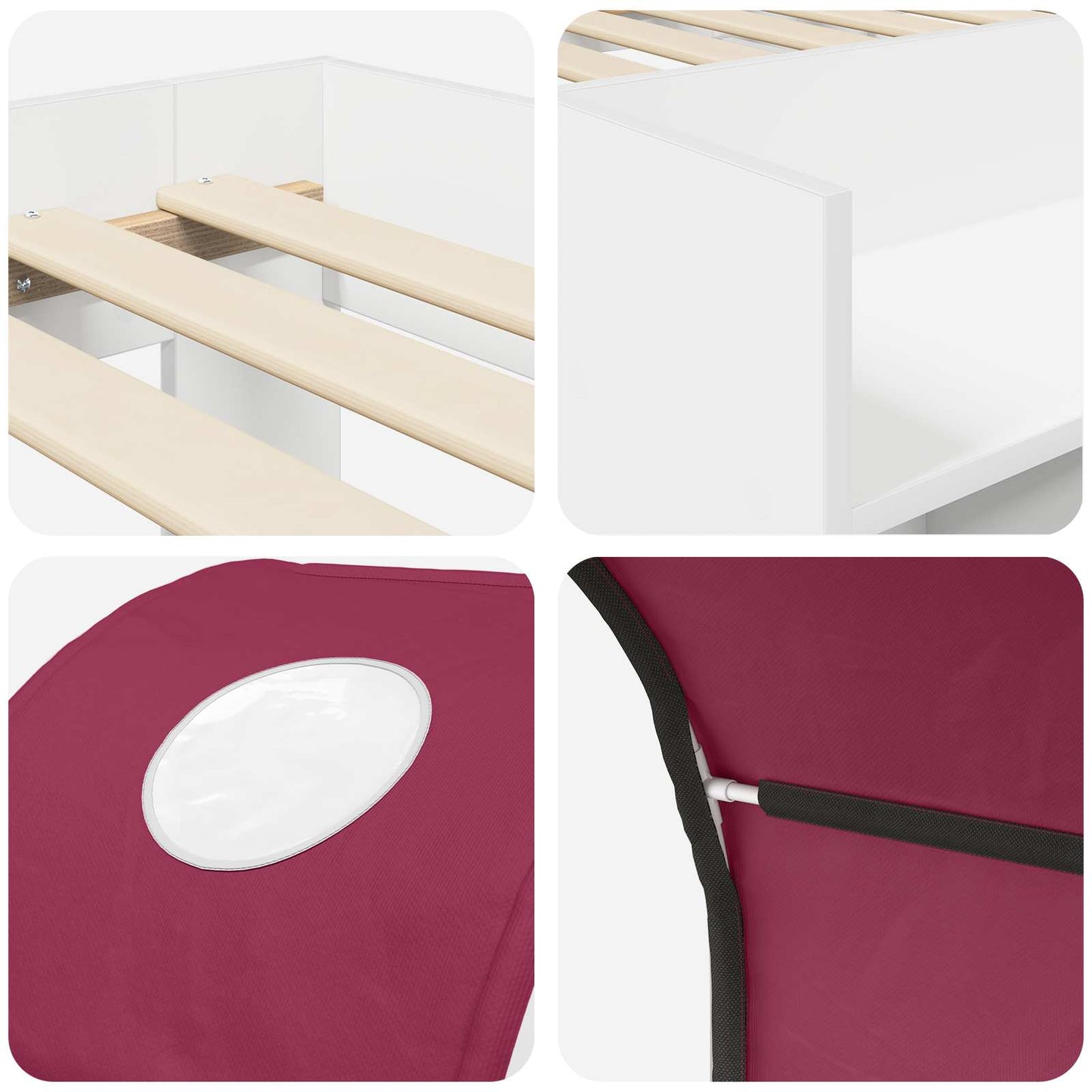 Bed with Tunnel with Shelf 3 pcs White and Red Engineered Wood