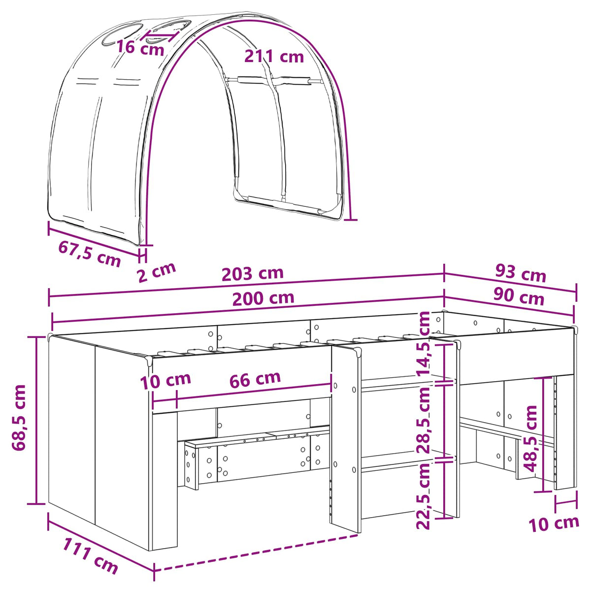 Kids'High Bed Frame with Tunnel 3 pcs White and Light Blue
