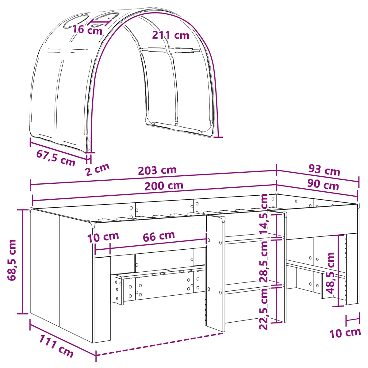 Kids'High Bed Frame with Tunnel 3 pcs White and Pink