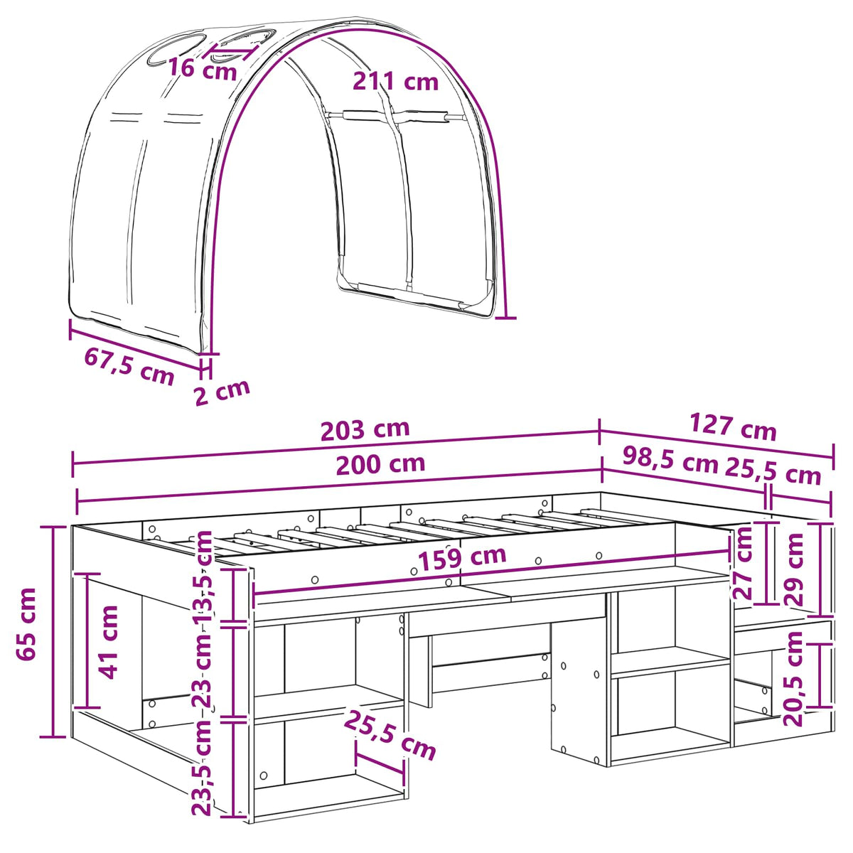 Bed Frame with Tunnel with Shelf 3 pcs White Engineered Wood