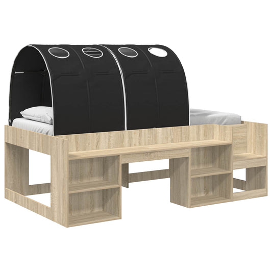Bed Frame with Tunnel with Shelf 3 pcs Sonoma Oak and Black