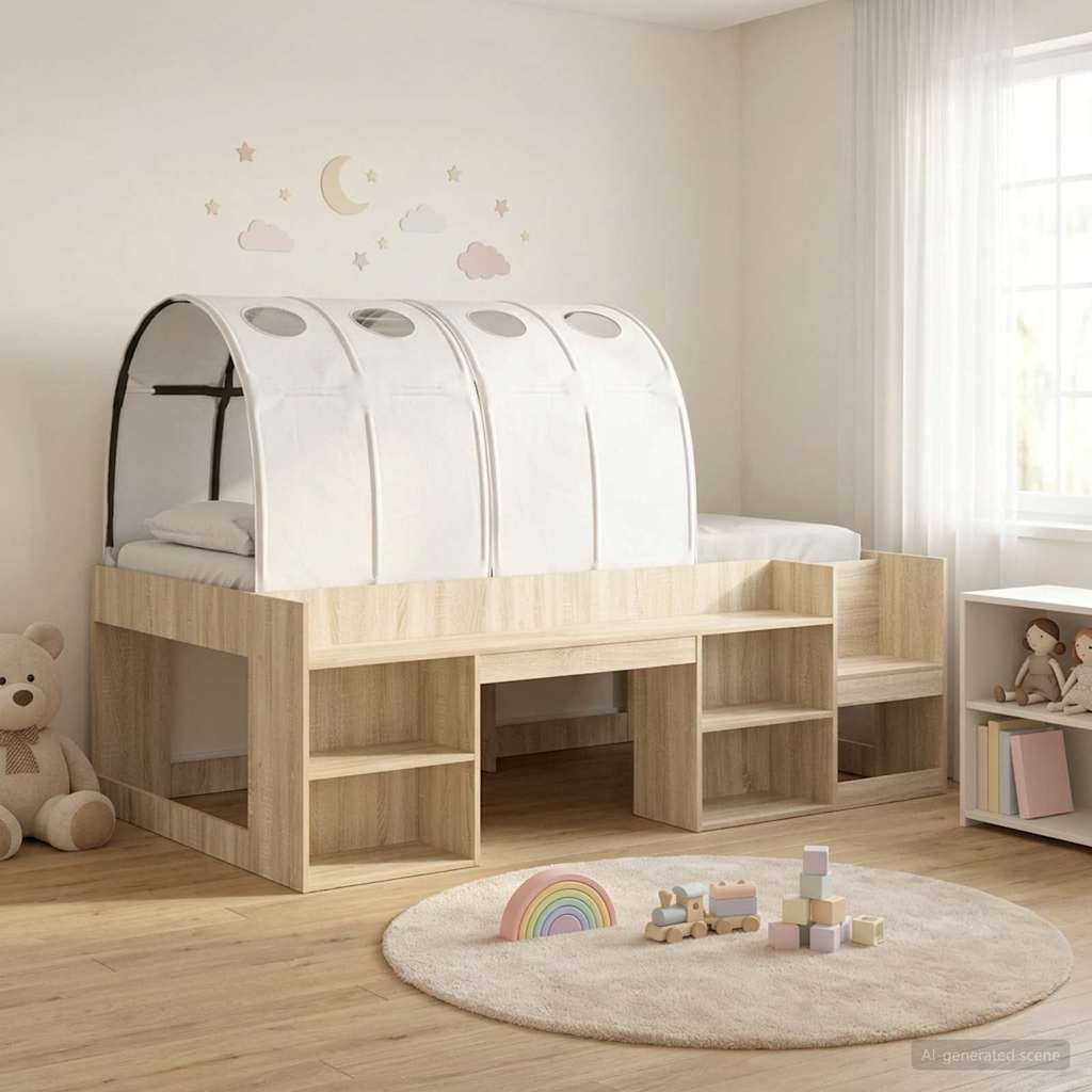 Bed Frame with Tunnel with Shelf 3 pcs Sonoma Oak and White