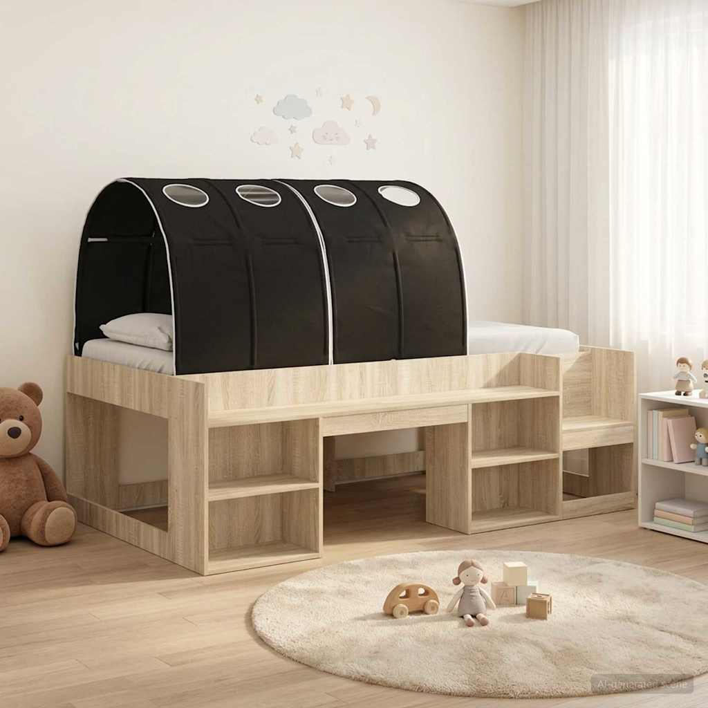 Bed Frame with Tunnel with Shelf 3 pcs Sonoma Oak and Black