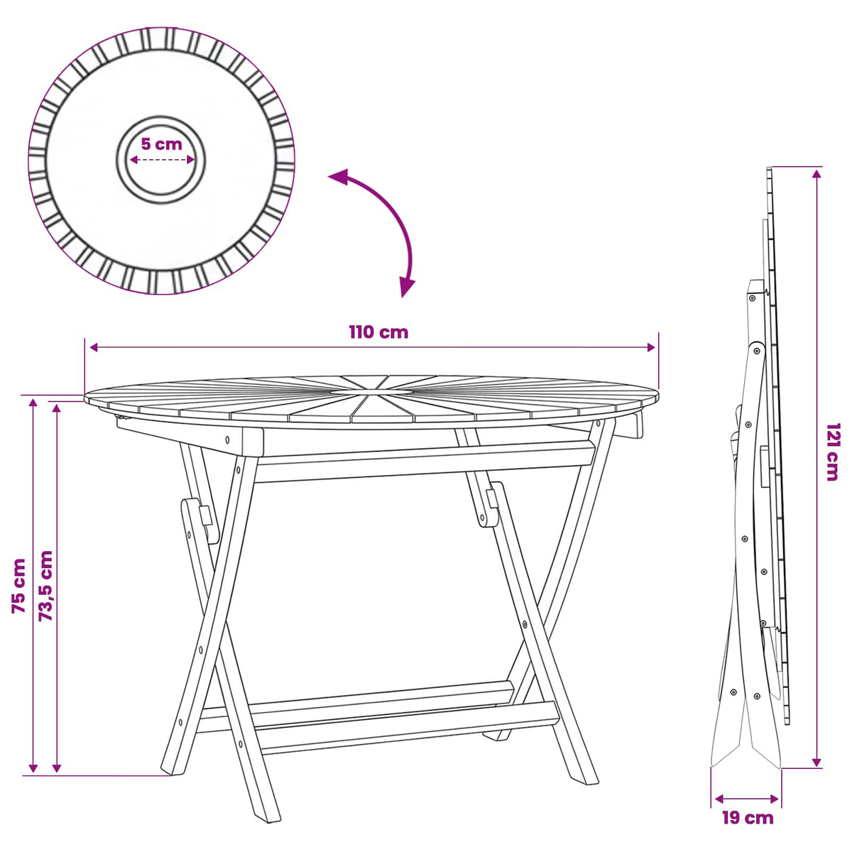 Folding Garden Table Natural Ø 110 x 75 cm Solid Teak Wood