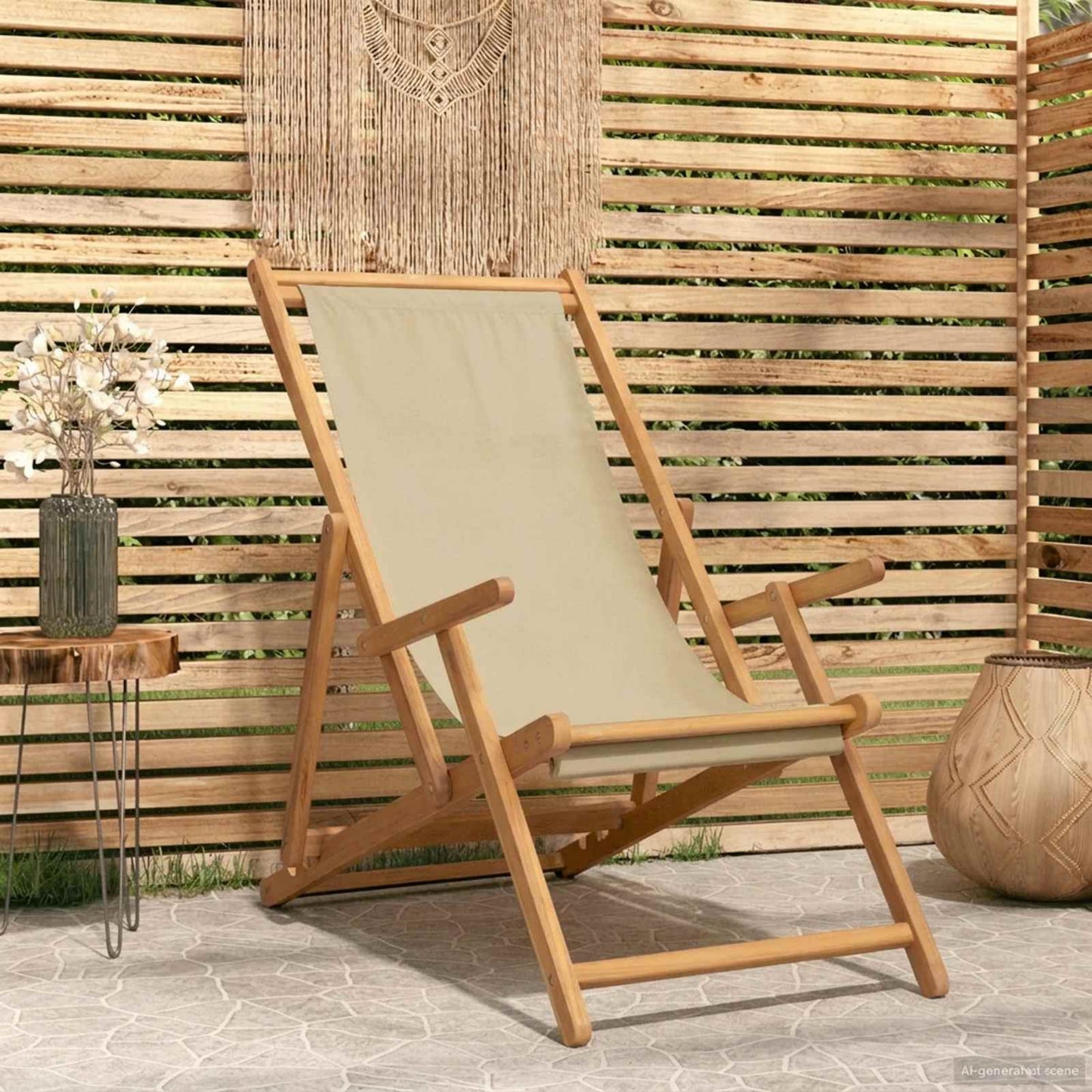 Beach Chair Beige Solid Teak Wood