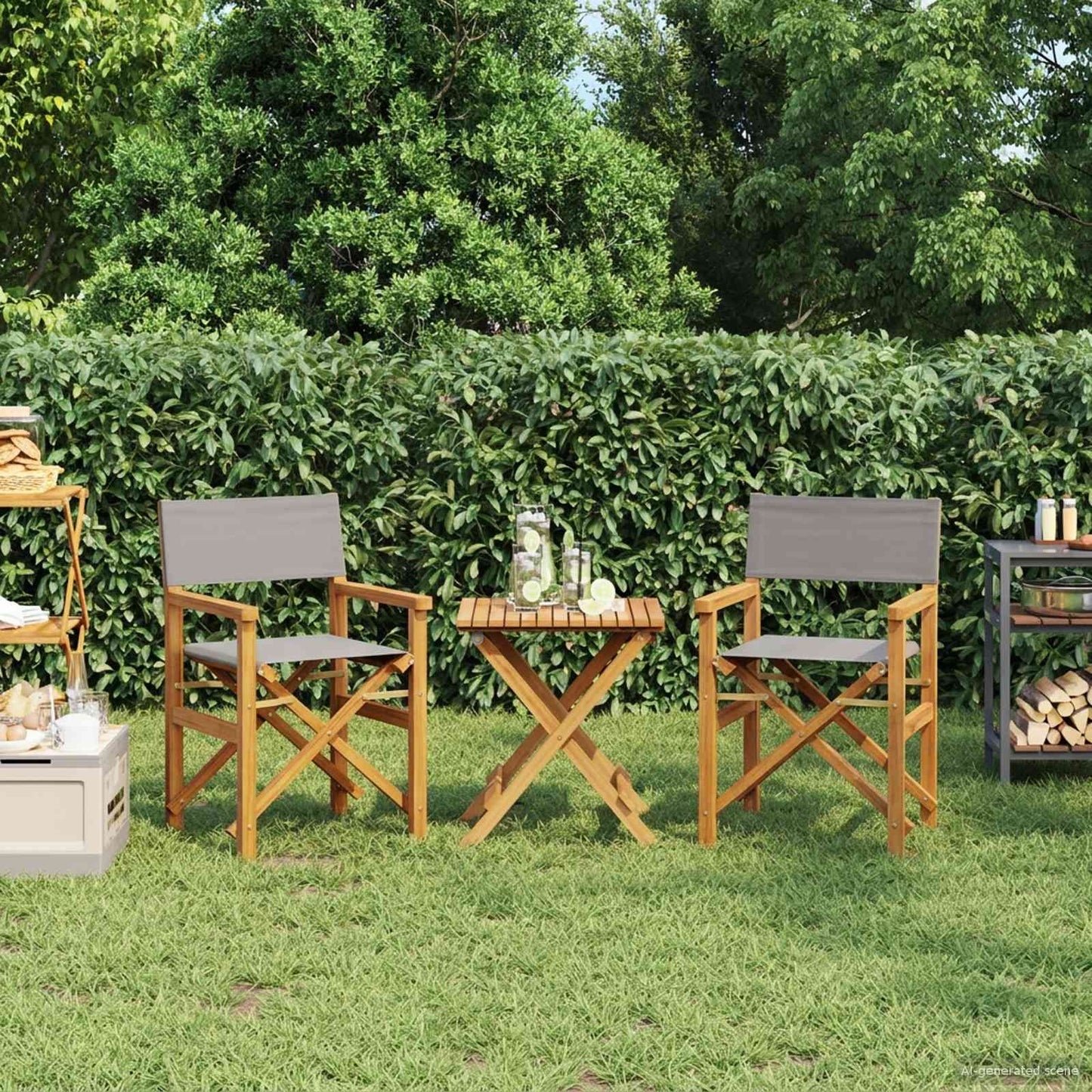 Director Chair Brown and Light Grey Solid Teak Wood