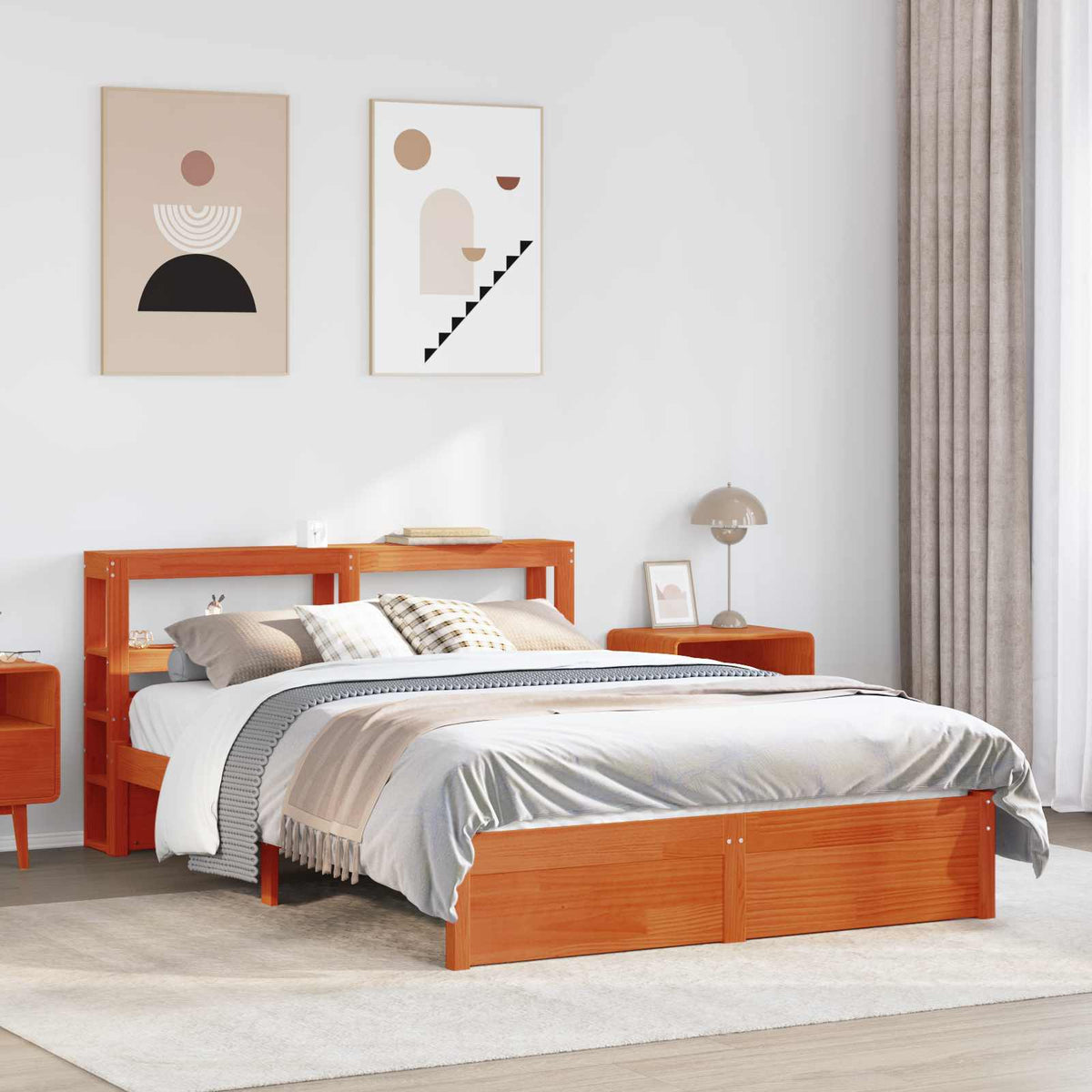 Bed Frame with Shelf 2 pcs Wax Brown Solid Pine Wood