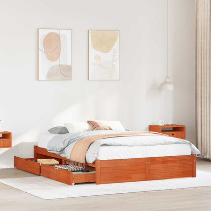 Bed Frame with Drawer with Storage Wax Brown Solid Pine Wood
