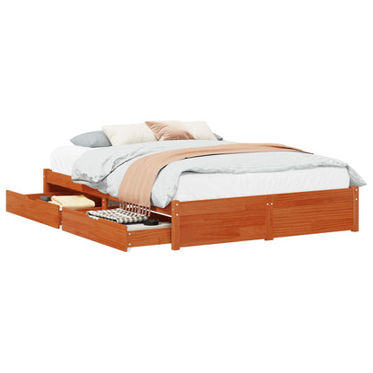 Bed Frame with Drawer with Storage Wax Brown Solid Pine Wood