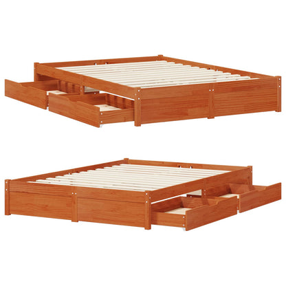 Bed Frame with Drawer with Storage Wax Brown Solid Pine Wood